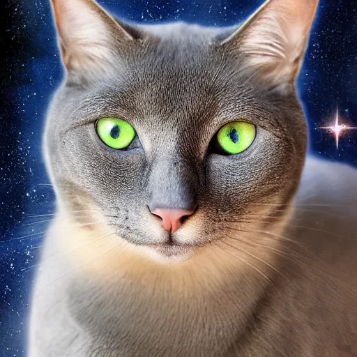 Image similar to portrait of grey cat with big green eyes in the space with nebulae, realistic painting, high definition, digital art, matte painting, very detailed, realistic