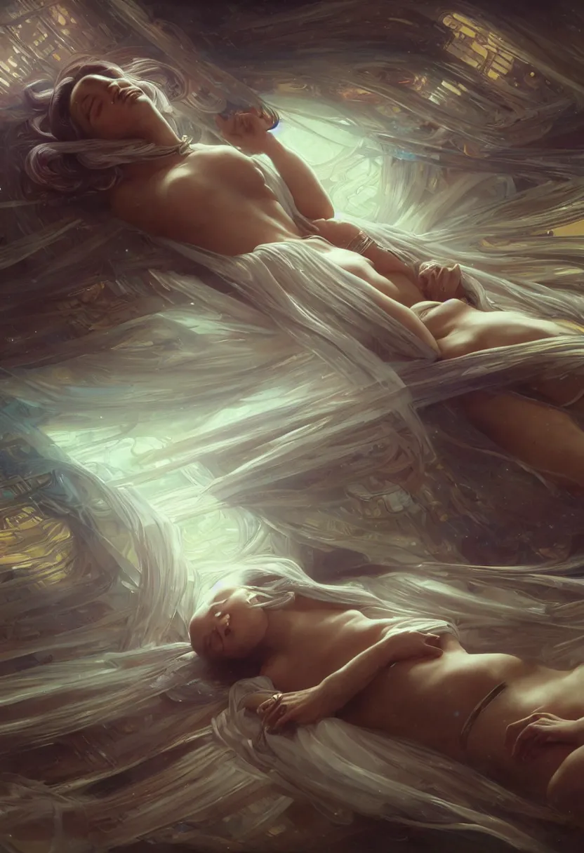 Image similar to futuristic ai machine god sleeping. extremely high fidelity, 8 k, super resolution, cinematic view, super resolution, epic, hyperdetailed, digital painting, artstation, concept art, smooth, sharp focus, octane render, dramatic lighting, art by artgerm and greg rutkowski and alphonse mucha and wlop