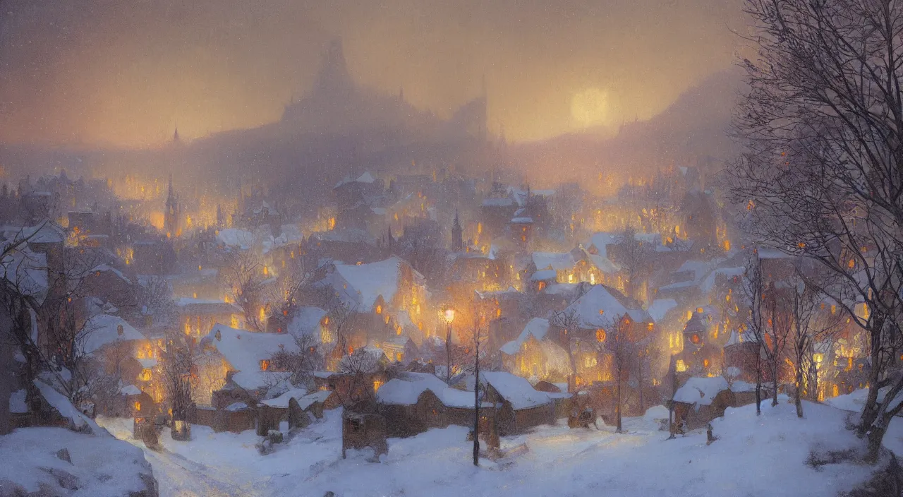 Prompt: A beautiful landscape painting of a small village in the snow at night with smoke rising from the chimneys by Alfons Maria Mucha and Julie Dillon and Makoto Shinkai