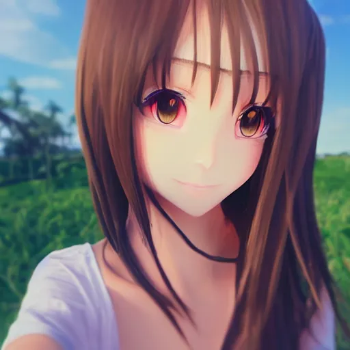 Prompt: Selfie render of a cute 3d anime girl, long shiny bronze brown hair, green eyes, cute freckles, soft smile, golden hour, beach setting, medium shot, mid-shot, trending on Artstation,