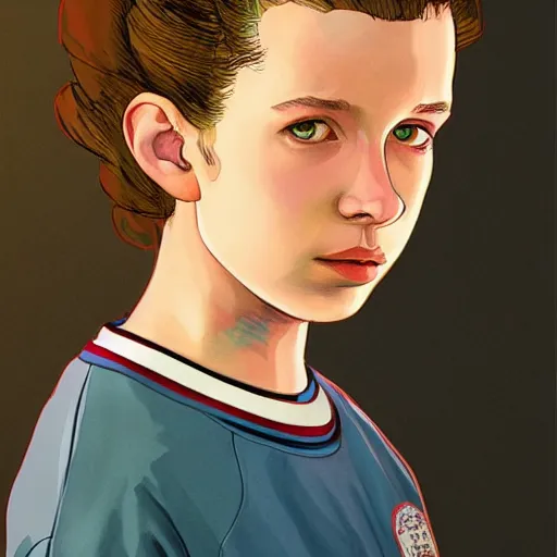 Prompt: beautiful side portrait of Eleven from Stranger things in a scenic!!! Environment by martine johanna, artstation winner,lines ,figurativism!, portrait,