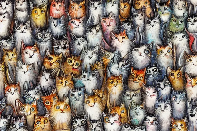 Image similar to beautiful art illustration of a group of happy cats by tony healey, highly detailed