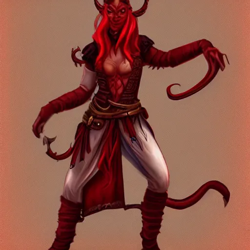 Prompt: red skinned Tiefling Bard, digital art, full body shot, WLOP