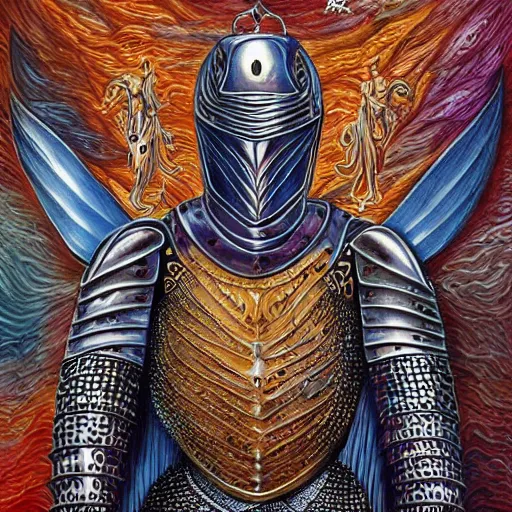 Image similar to medieval fantasy armored knight, by alex grey, TOOL band art, psychedelic, fractals, detailed, 8K