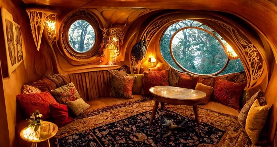 Image similar to an incredibly beautiful scene from a 2 0 2 2 marvel film featuring a cozy art nouveau reading nook in a fantasy treehouse interior. a couch with embroidered pillows. golden hour. 8 k uhd.