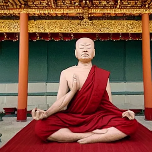 Image similar to a still photograph of Donald Trump meditating in a Buddhist Temple