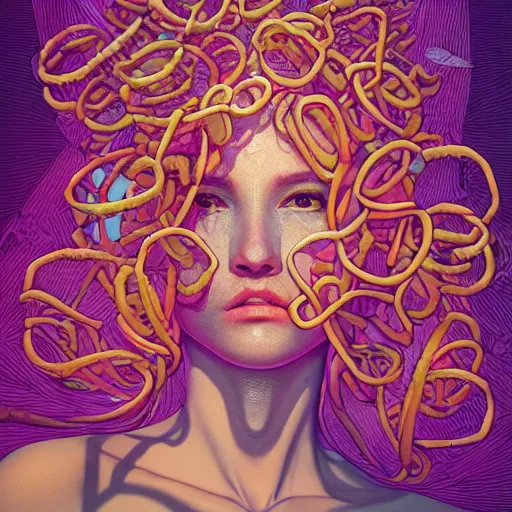 Image similar to the portrait of a ridiculously beautiful and pretty woman partially made of onion rings of all colors looking up, an ultrafine detailed illustration by james jean, final fantasy, intricate linework, bright colors, behance contest winner, vanitas, angular, altermodern, unreal engine 5 highly rendered, global illumination, radiant light, detailed and intricate environment