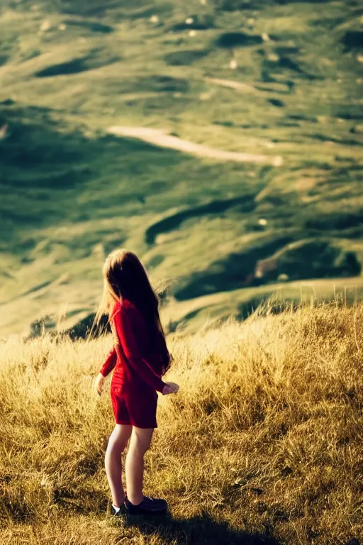 Prompt: a girl enjoying the wind in the edge of a hill, beautiful landscape, aesthetic