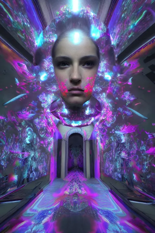 Image similar to cinematic shot epic fractal halls of creativity, walls of large moving images, hyper realistic, mood lighting, fantasy, detailed people creating beautiful diverse large holographic art, highly detailed, super realistic, point of view of visor wearer, air hands painting art in the air!, perfect lighting pixel sorting