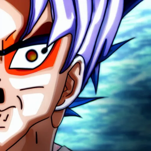 Image similar to fish eye lens close up photograph of a goku eyeing the camera with a sympathetic look