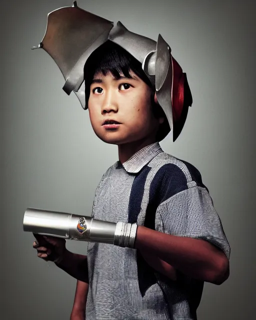 Prompt: medium close up shot of an asian school boy wearing a samurai headgear cosplay, speaking into a megaphone, dark studio background, softlight, photorealistic, art by artgerm and greg rutkowski