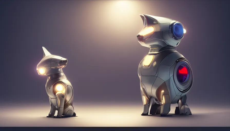 Image similar to product photo of a futuristic cut stylized pet robot by artgerm and greg rutkowski and alphonse mucha, zaha hadid, cat dog teddy mix, volumetric light, detailed, octane render, midsommar