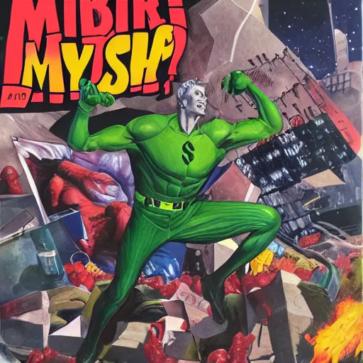 Prompt: detailed hyperrealistic mr trash man comic book cover by alex ross with gouache and wash paints color