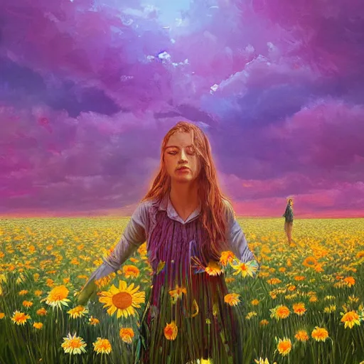 Image similar to face made of many daisies, girl standing barefoot in a flower field, holding flowers, surreal photography, sunrise dramatic light, impressionist painting, colorful clouds, large sky, digital painting, artstation, simon stalenhag, flower face