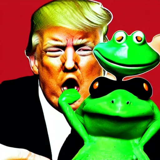 Prompt: donald trump licking a green frog in the matrix