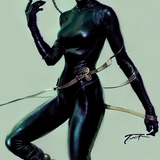 Image similar to Catwoman as little girl, wears black boots, whole body, 4k, super detailed, long shot, elegant, digital painting, concept art, sharp focus, art by artgem and greg rutkowski and alphonse mucha