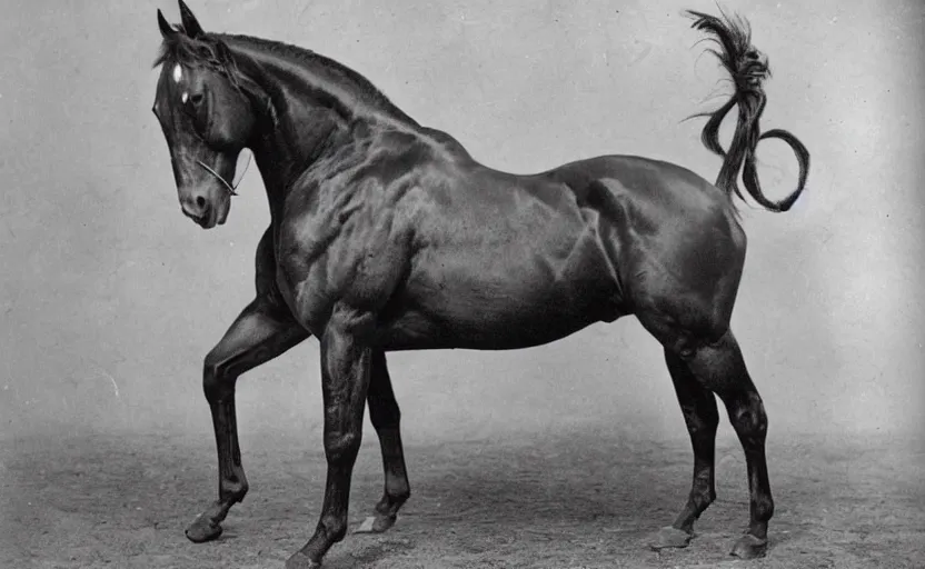 Prompt: strong horse with big muscles. bodybuilder, strong, 1 9 0 0 s