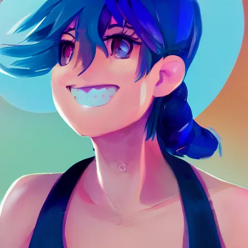 Prompt: profile shot of rimuru tempest, sky blue ponytail, gold eyes, smiling, wearing a blue sleeveless shirt, ultra detailed, brush strokes, digital painting, cinematic, artstation wlop, closeup, pixiv, colorblock, hip, pop, by cutesexyrobutts, yoshitaka amano, andy warhol,