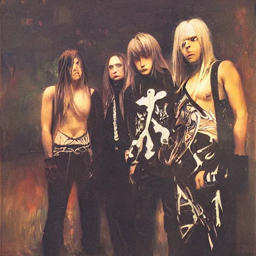 Prompt: anders zorn painting of an anime metal band photo, direct flash photography at night, film grain