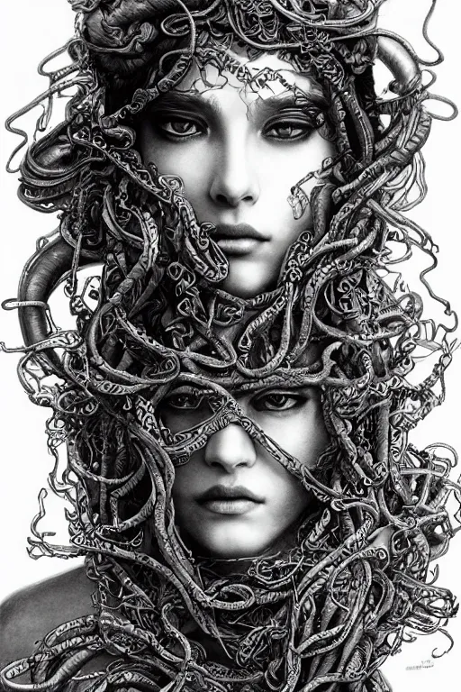 Image similar to Portrait of Medusa, pen and ink, intricate line drawings, by Yoshitaka Amano, Ruan Jia, Kentaro Miura, Artgerm