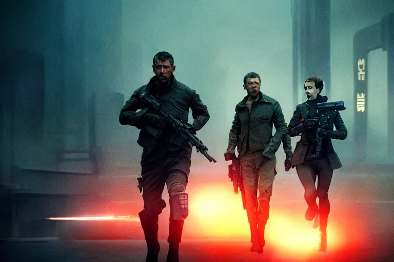 Image similar to vfx film, blade runner 2 0 4 9 futuristic soldiers shoot at enemy robots futuristic war, battlefield war zone, shootout, running, shooting, explosion, leaping, flat color profile low - key lighting award winning photography arri alexa cinematography, big crowd, hyper real photorealistic cinematic beautiful, atmospheric cool colorgrade