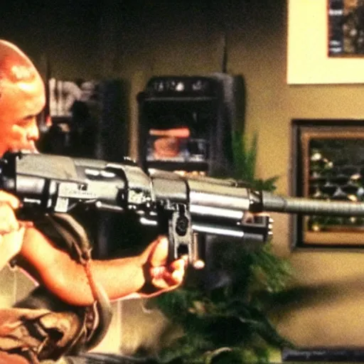 Image similar to a still of the cat shooting a m 6 0 machine gun from the buddy cop movie beverly hills cat 2