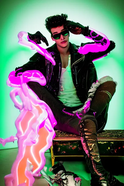 Image similar to full-body rococo and cyberpunk style neon statue of a young attractive Sean Mendez wearing cholo shades macho dotado e rico android sim roupa reclining con las piernas abertas e la piroca dura, ethereal white dripping tar, glowing orange lasers, pink tigers, glowing eyes, silver prince crown, black gears, pink diamonds, swirling mint-colored silk fabric. futuristic elements. full-length view. human skulls. large intricate artwork by caravaggio. Trending on artstation, octane render, cinematic lighting from the right, hyper realism, octane render, 8k, depth of field, 3D