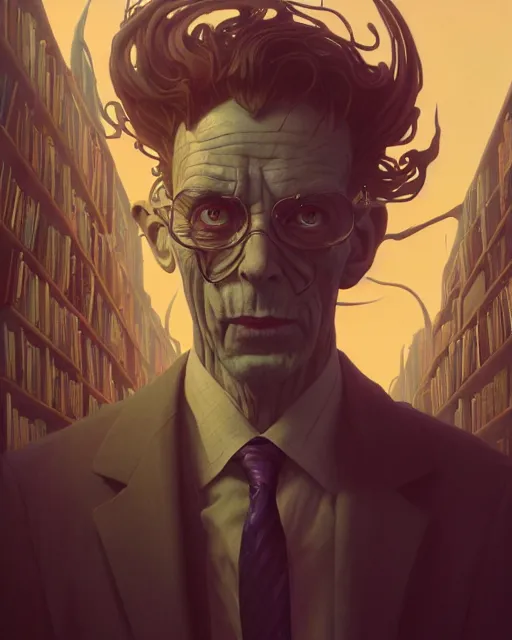 Image similar to highly detailed surreal vfx portrait of a villain in a graveyard of books, stephen bliss, unreal engine, greg rutkowski, loish, rhads, beeple, makoto shinkai and lois van baarle, ilya kuvshinov, rossdraws, tom bagshaw, alphonse mucha, global illumination, detailed and intricate environment