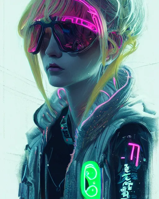 Prompt: detailed portrait neon operator lady, blonde long messy hair, cyberpunk futuristic, neon, reflective puffy coat, decorated with traditional japanese by ismail inceoglu dragan bibin hans thoma greg rutkowski alexandros pyromallis nekro rene margitte, illustrated, perfect face, fine details, realistic shaded, fine - face, pretty face