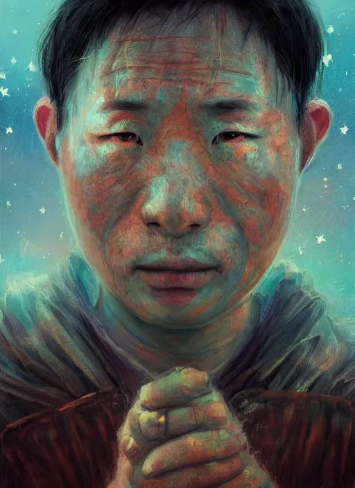 Image similar to colorful character portrait of a chinese prisoner at night lit by the stars, wispy smoke, highly detailed face, very intricate, symmetrical, cinematic lighting, award - winning, painted by mandy jurgens, peter doig, dystopian, bold colors, dark vibes, anime aesthetic, featured on artstation