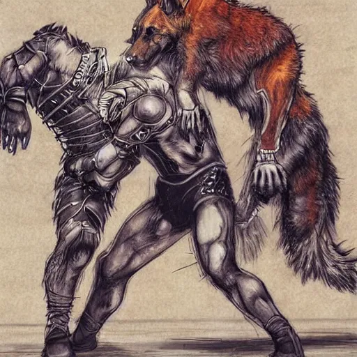 Image similar to a humanoid german shepherd beast - man wrestling with another german shepherd in the middle of an arena, pencil art, added detail, high definiton, colored, aerial viewyoji shinkawa