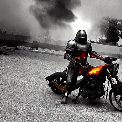 Image similar to “a burning knight in full armor riding a burning motorcycle that is on fire in an graveyard at midnight. cursed image.”