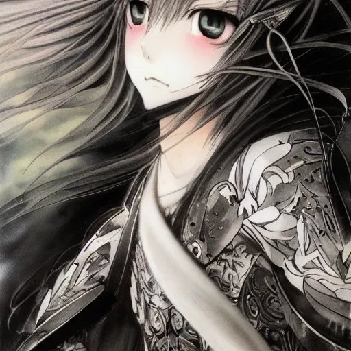 Prompt: blurred and dreamy character design by yoshitaka amano of an anime girl with black eyes, wavy white hair fluttering in the wind wearing elden ring armor with engraving, abstract black and white patterns on the background, noisy film grain effect, highly detailed, renaissance oil painting, weird portrait angle, yoshitaka amano color palette, three quarter view