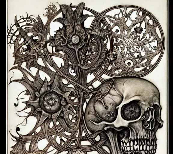 Image similar to memento mori by arthur rackham, art forms of nature by ernst haeckel, exquisitely detailed, art nouveau, gothic, ornately carved beautiful skull dominant, intricately carved antique bone, art nouveau botanicals, ornamental bone carvings, art forms of nature by ernst haeckel, horizontal symmetry, arthur rackham, ernst haeckel, symbolist, visionary