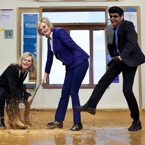Image similar to high quality photo of liz truss and rishi sunak catapulting sloppy mud at each other in an office