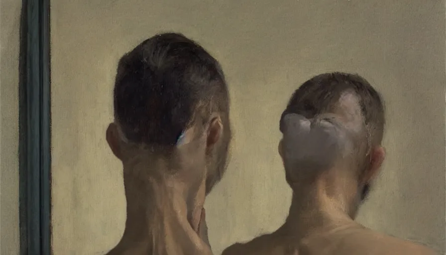 Prompt: painting by borremans, a man looks in the mirror and sees not himself, detailed, stunning