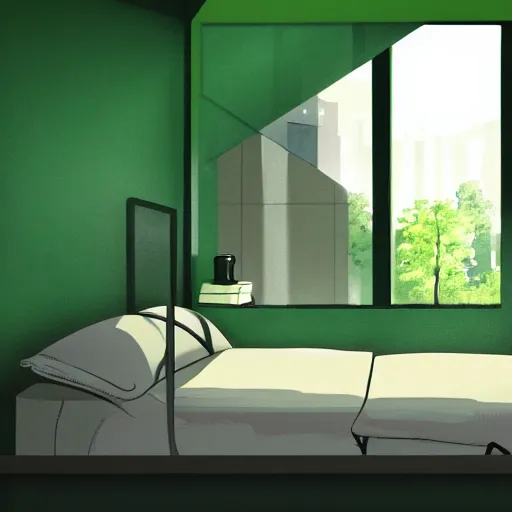 Image similar to small room in tokyo, window open, dawn, hiccup sitting at computer, green glow on monitor's face, walls covered with anime posters, lots of appliances on shelves, small bed not made, hyper realism, photo realism, hyper details, soft light, soft shadows, blurred photo