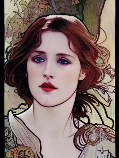 Image similar to a beautiful painting of young gillian anderson by Alphonse Mucha and by arthur rackham and by james jean and by Mark Brooks and by john william waterhouse, Art Nouveau, Neo-Gothic, gothic, award winning painting, hyperdetailed, detailed