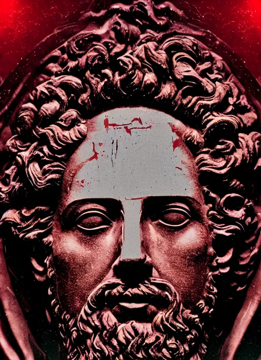 Image similar to dark design poster showing a heroic statue of marcus aurelius, black background with very subtle red and purple design elements, powerful, nekro, vito acconci, thin straight lines, dark, glitch art, neo vaporwave, gritty, layout frame, square, trending on artstation
