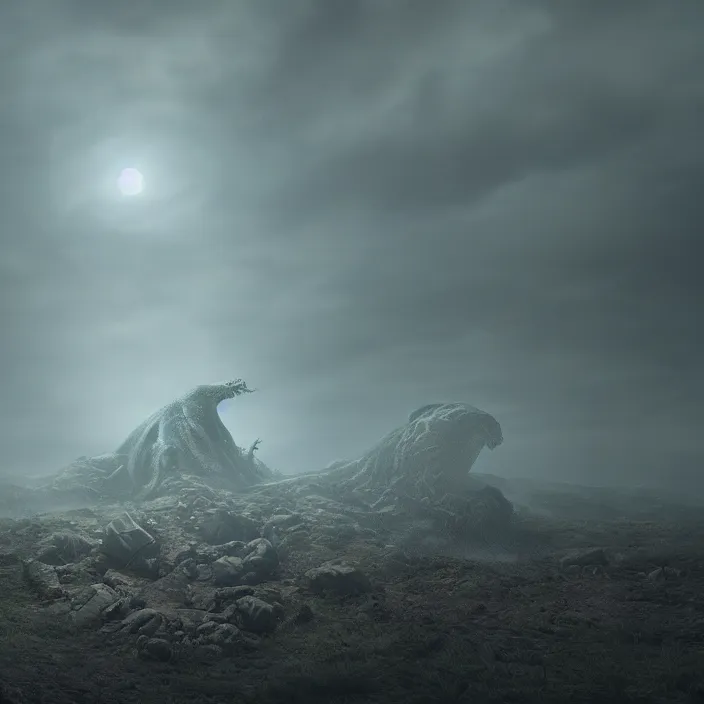 Image similar to a lovecraftian monster emerges out of the clouds, volumetric lighting, fog, atmospheric, high resolution, rendering, octane, redshift