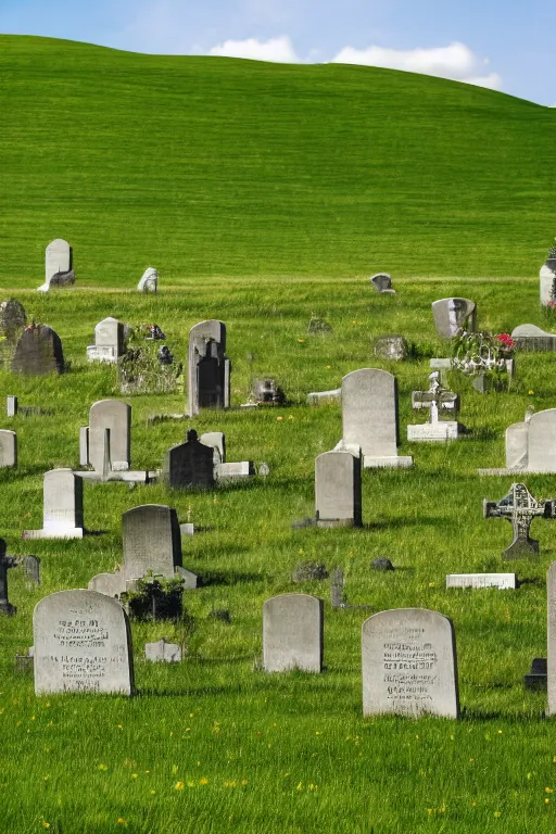 Image similar to realistic detailed photo of the windows xp bliss hills screensaver with a graveyard, with many gravestones made from stone, hyper detailed, sigma 5 0 mm