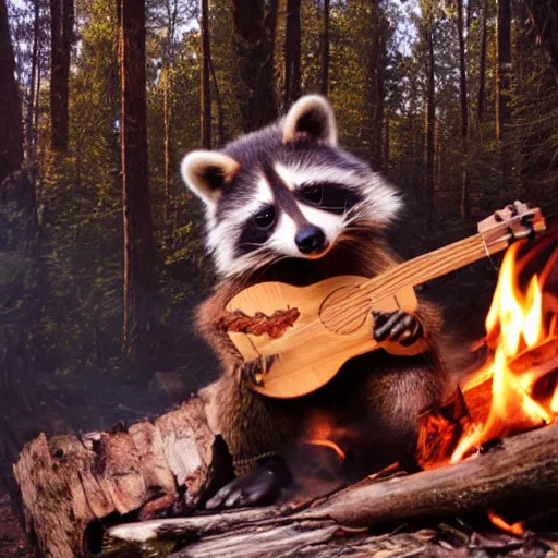 Image similar to an 8k photo raccoon playing a wooden ukulele by a campfire, dark forest in the background