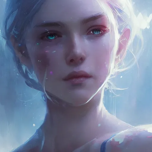 Image similar to a portrait of a beautiful lady with adorable eyes, light smiling, art of wlop and greg rutkowski, epic fantasy art, bright light masterpiece, ray of light through white hair