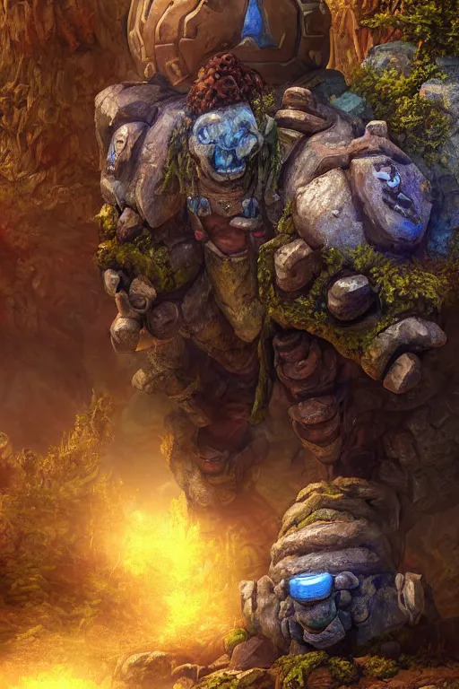 Image similar to zelda fantasy art giant golem troll wood rock greeble gemstone, global illumination ray tracing hdr fanart arstation by sung choi and eric pfeiffer and gabriel garza and casper konefal