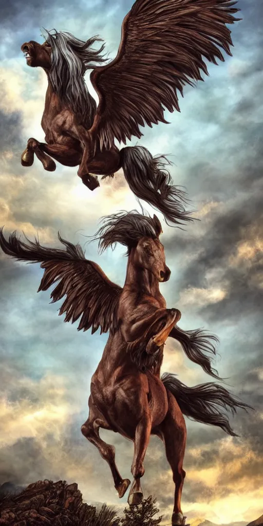 Prompt: a pegasus standing on top of a mountain, wings spreading, flowing mane, d&d, hyper realistic, fantasy, illustration