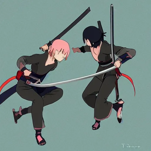 Prompt: two Female ninja fighting with katana swords , by Dice Tsutsumi, Makoto Shinkai, Studio Ghibli