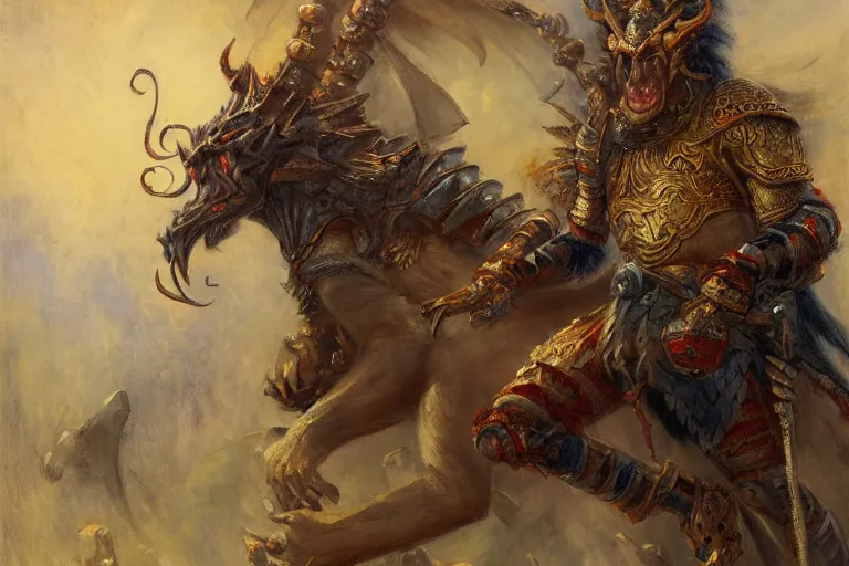 Image similar to portrait full body monkey king medieval armor fighting dragon by gaston bussiere