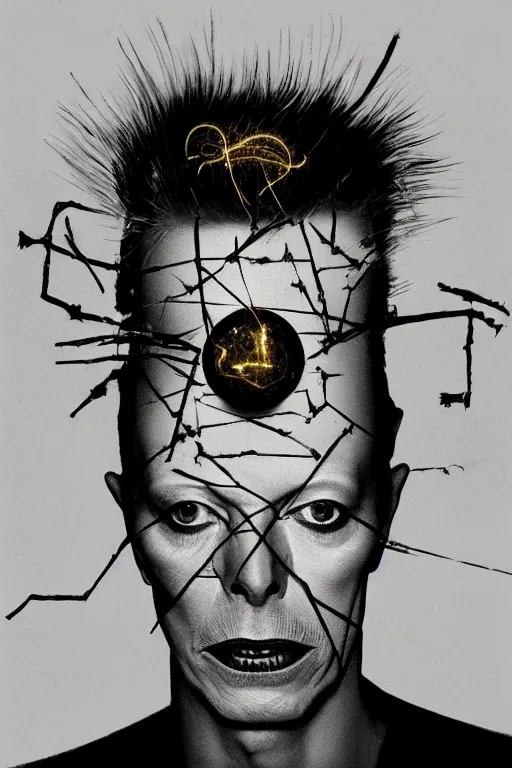 Image similar to portrait of david bowie's head inside an upside down light bulb, kintsugi, modern fine art, fractal, intricate, elegant, highly detailed, digital photography, subsurface scattering, by banksy and basquiat and greg rutkowski,