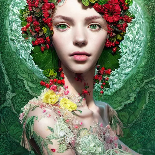 Image similar to the portrait of an absurdly beautiful, graceful, elegant, young woman made of strawberries and green petals, an ultrafine hyperrealistic detailed illustration by kim jung gi, irakli nadar, intricate linework, bright colors, octopath traveler, final fantasy, angular, unreal engine 5 highly rendered, global illumination, radiant light, detailed and intricate environment