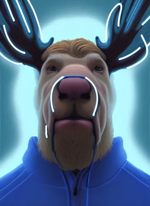 Image similar to portrait of high school senior boy named big moose, blonde short hair, jock, beefy, wide face, square jaw, square facial structure, blue varsity jacket with the word moose, intricate, elegant, glowing lights, highly detailed, digital painting, artstation, concept art, sharp focus, illustration, art by wlop, mars ravelo and greg rutkowski